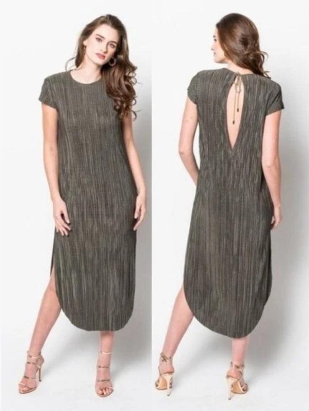 Sabina Musayev crinkle midi dress moss green relaxed fit keyhole back side slit